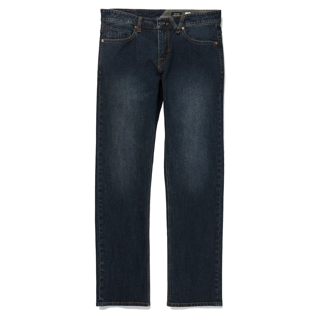 Volcom Solver Denim Jeans in New Vintage Blue featuring a modern straight-leg fit, 16-inch leg opening, stretch cotton denim and vintage indigo wash, available at Freeride Surf & Skate NZ.