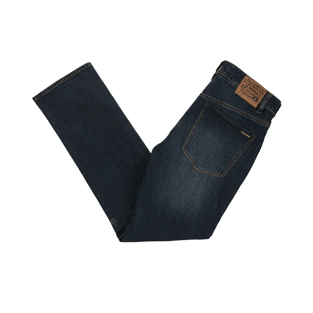 Volcom Solver Denim Jeans in New Vintage Blue featuring a modern straight-leg fit, 16-inch leg opening, stretch cotton denim and vintage indigo wash, available at Freeride Surf & Skate NZ.