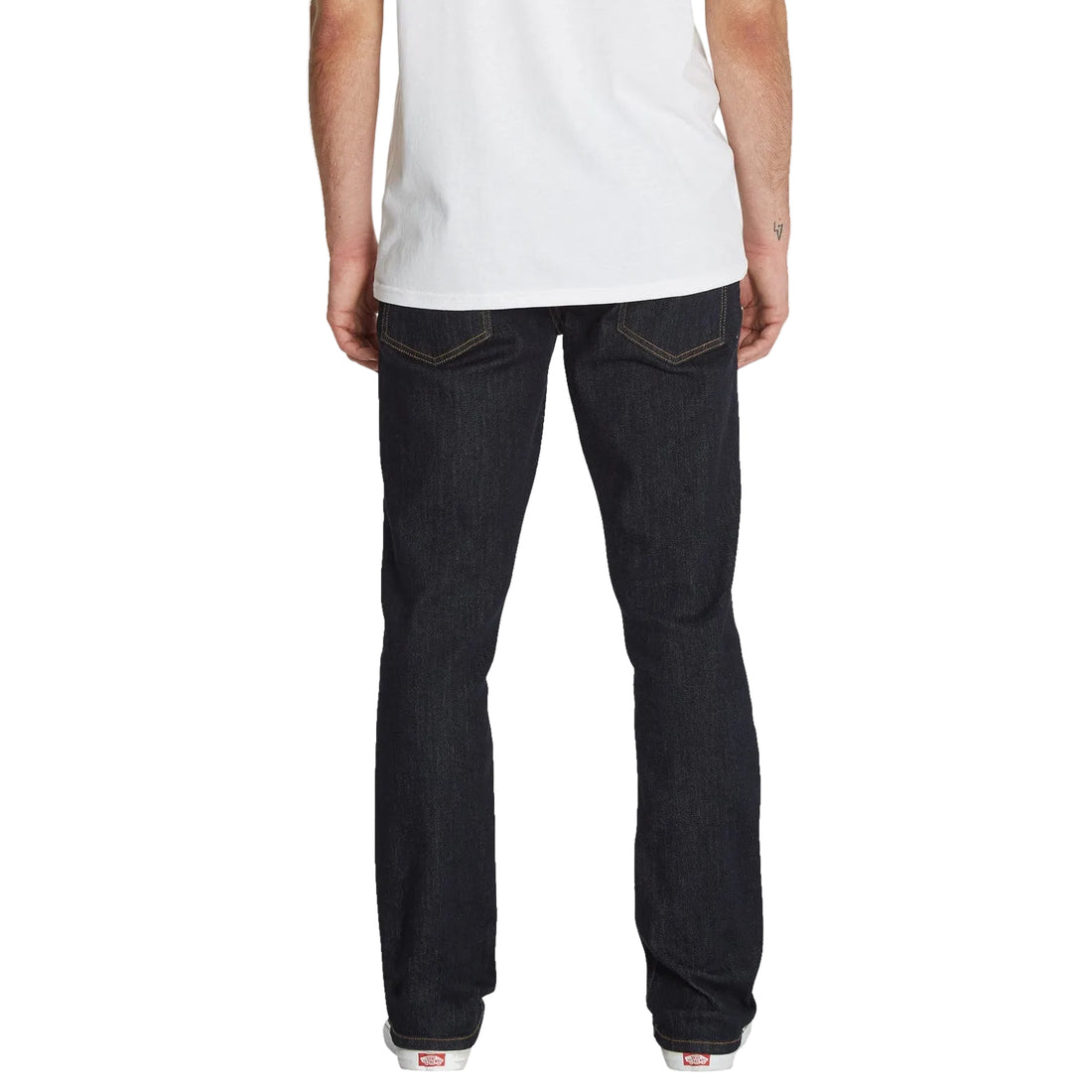 Volcom Vorta Denim Jeans in Rinse Blue Wash featuring a slim straight-leg fit, 15-inch leg opening, indigo rinse wash and subtle thigh fading, available at Freeride Surf & Skate NZ.