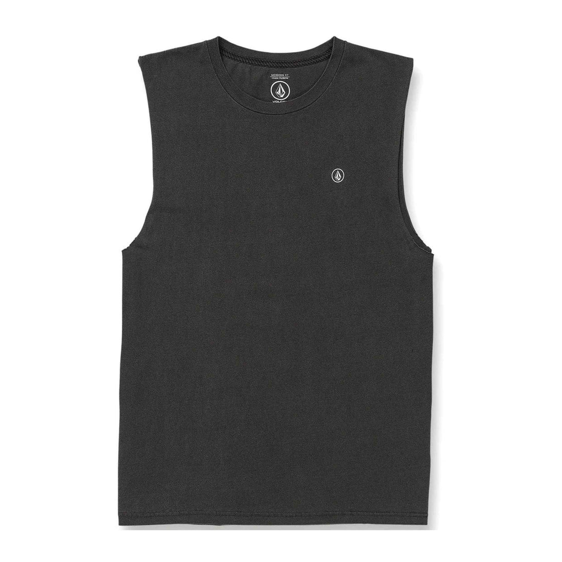 Volcom Wash Muscle Tee Black — sleeveless washed black muscle tee with chest print, available at Freeride Surf & Skate NZ.