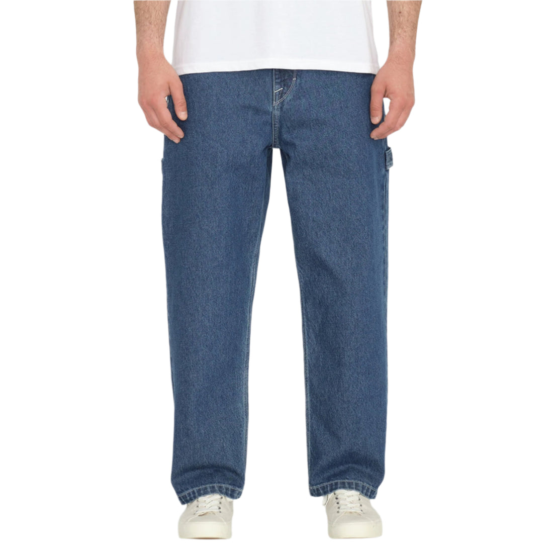 Volcom Workwear-inspired jean with hard angled hand pockets
Large back patch pockets with Velcro closures at the top
Left hanger loop and right lower back thigh utility pocket
Pre-laundered