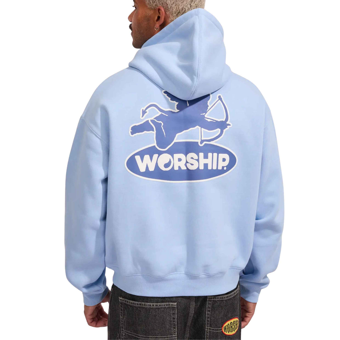 A man shown from the back wearing a light blue hoodie with a large blue and white graphic on the back featuring a cherub, bow and arrow and the word 'WORSHIP'. Worship Shadow Cherub Pullover Hood Dream Blue men's heavyweight hoodie at Freeride Surf & Skate Auckland NZ