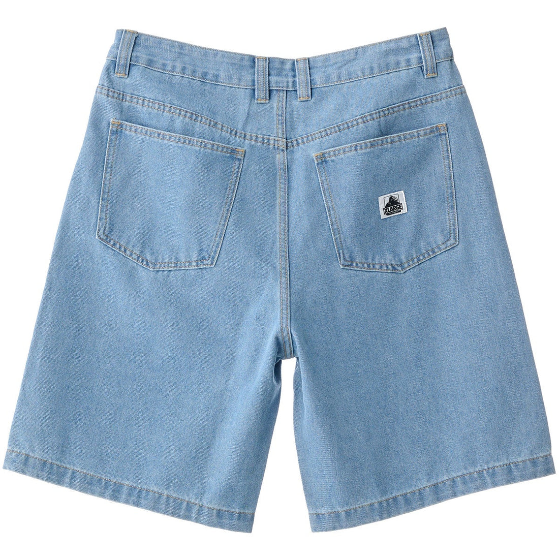 XLARGE Bull Denim 91 Short in Mid Blue with loose fit, five-pocket construction and classic blue denim finish.