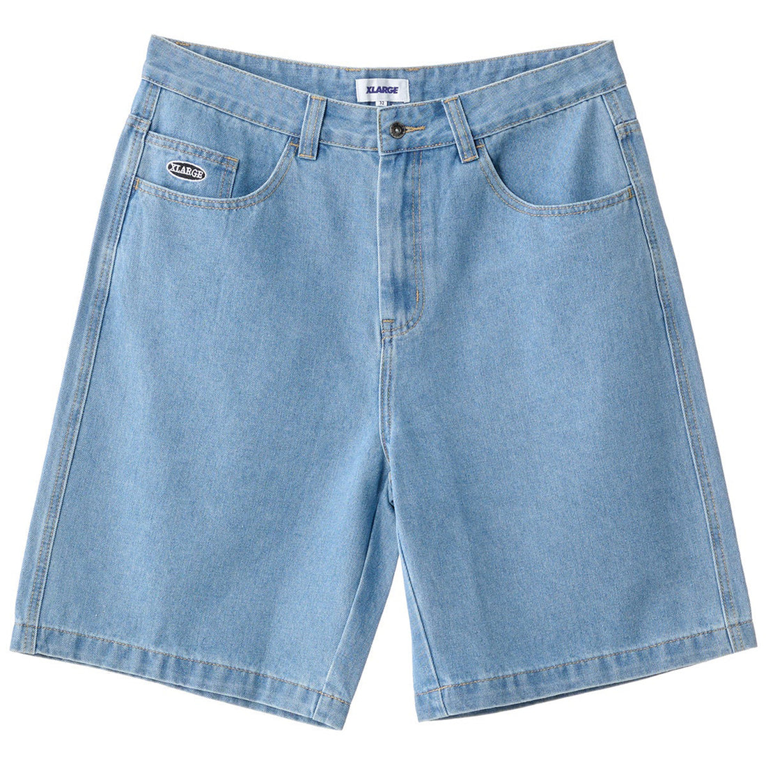 XLARGE Bull Denim 91 Short in Mid Blue with loose fit, five-pocket construction and classic blue denim finish.