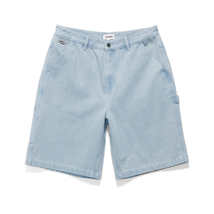 XLARGE Denim Work Short in washed Mid Blue with baggy wide-leg fit, knee panels and workwear tool pocket.