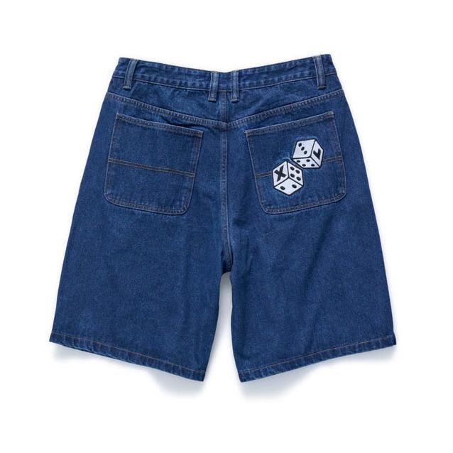 XLARGE Dice Bull Denim Short in Raw Indigo with extra-wide leg, loose 91 fit and embroidered back pocket graphic.