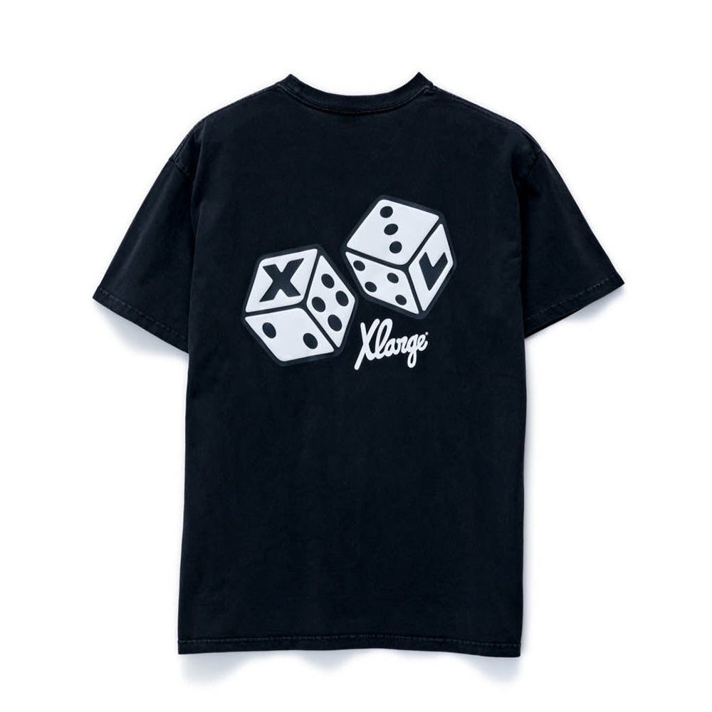 XLarge Dice SS Tee in Pigment Black available at Freeride Surf & Skate NZ.
A black short-sleeved crewneck t-shirt with a graphic of dice.
