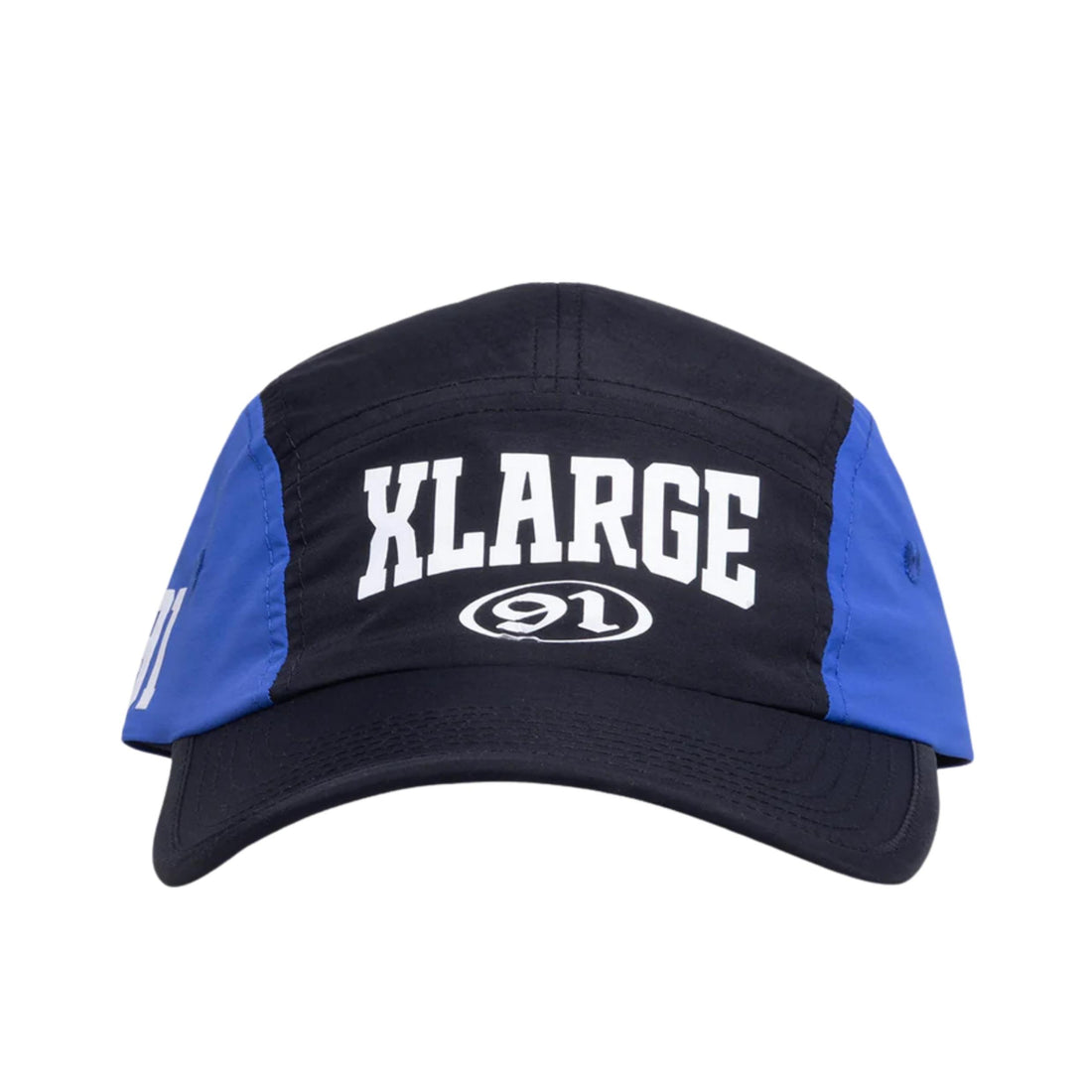 X-Large Football Camp Cap in black and blue with printed logo, contrast panels, and adjustable toggle — available at Freeride Surf & Skate NZ.