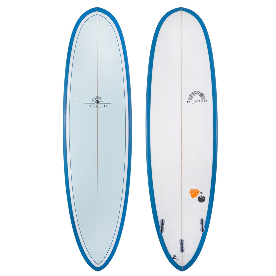Hot Buttered  7'6 Epoxy Funboard  Blue Deck  (With Fins + Wax)