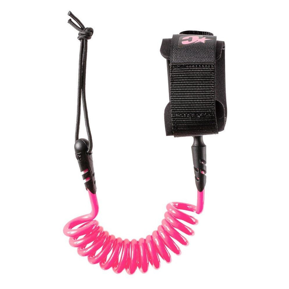 A pink and black wrist leash designed for surfing, with a coiled cord and branding visible on the strap. Creatures of Leisure Icon Coild wrist leash pink black bodyboard leash available at Freeride Surf & Skate NZ.