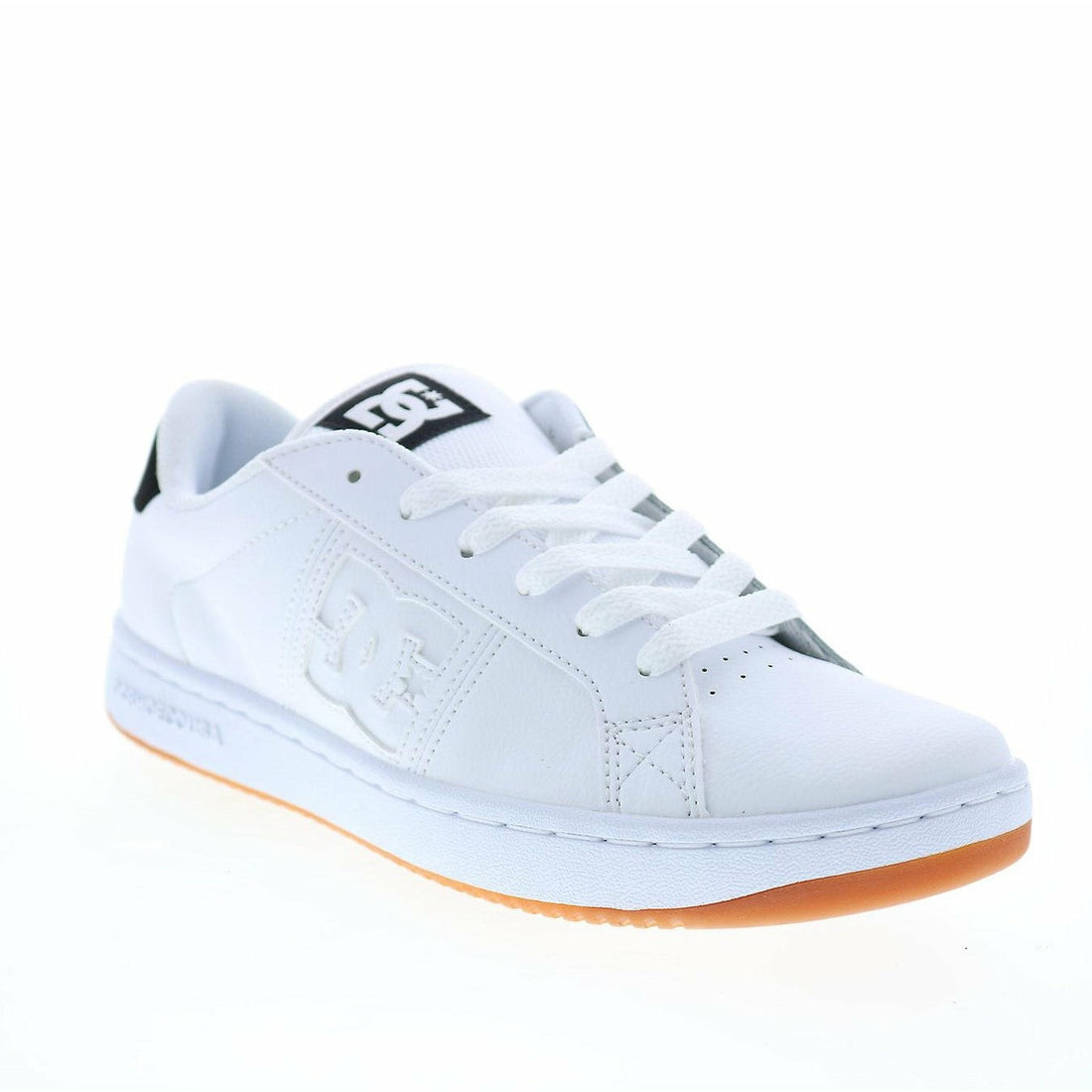 A pair of DC Striker men's skateboarding shoes in white, with black and white accents and a visible orange sole.