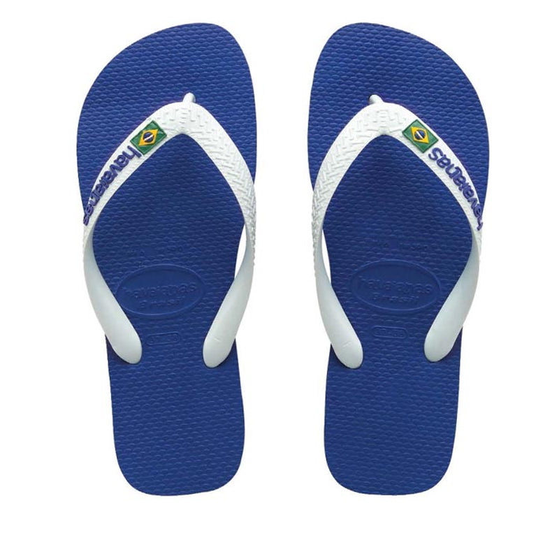 Havaianas Brazil Marine Blue Jandals — marine blue Brazilian sandals with flag logo and cushioned sole, available at Freeride Surf & Skate NZ.