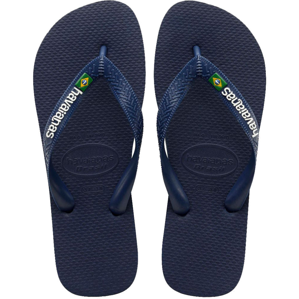 Havaianas Brazil Navy Jandals — navy Brazilian sandals with flag logo and cushioned sole, available at Freeride Surf & Skate NZ.