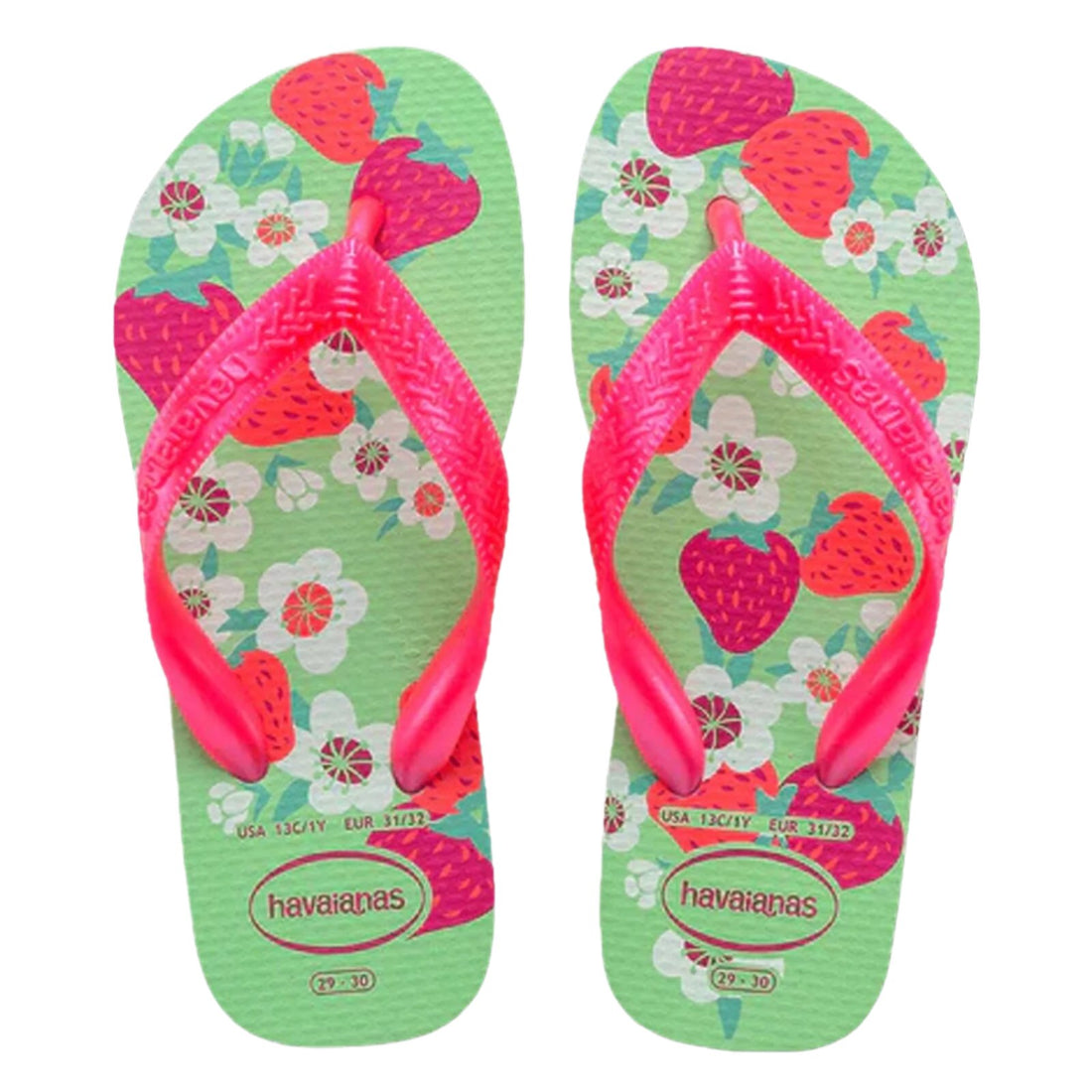 Havaianas Kids Flores Green Garden Jandals — green floral Brazilian kids’ sandals with cushioned sole, available at Freeride Surf & Skate NZ.