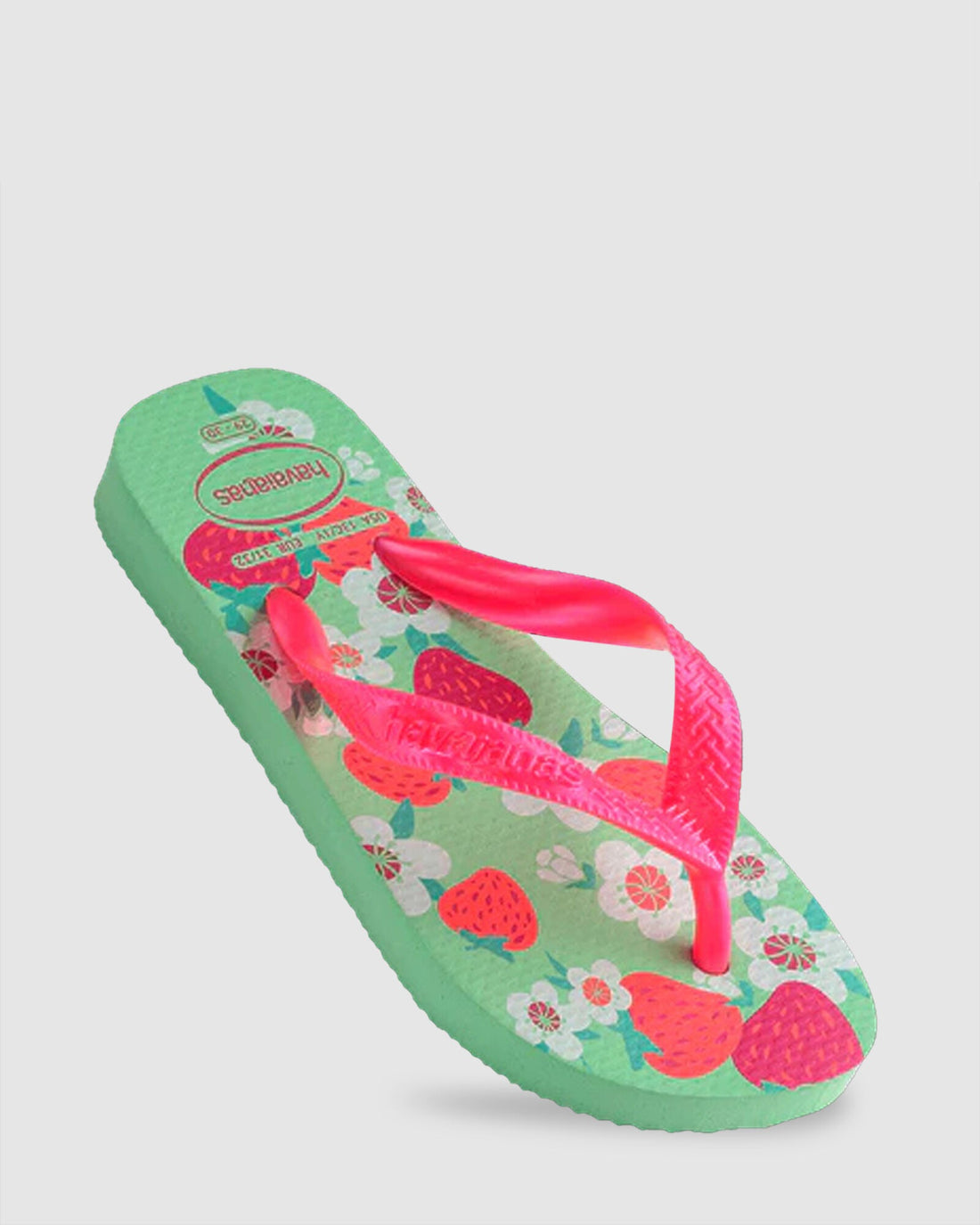 Havaianas Kids Flores Green Garden Jandals — green floral Brazilian kids’ sandals with cushioned sole, available at Freeride Surf & Skate NZ.