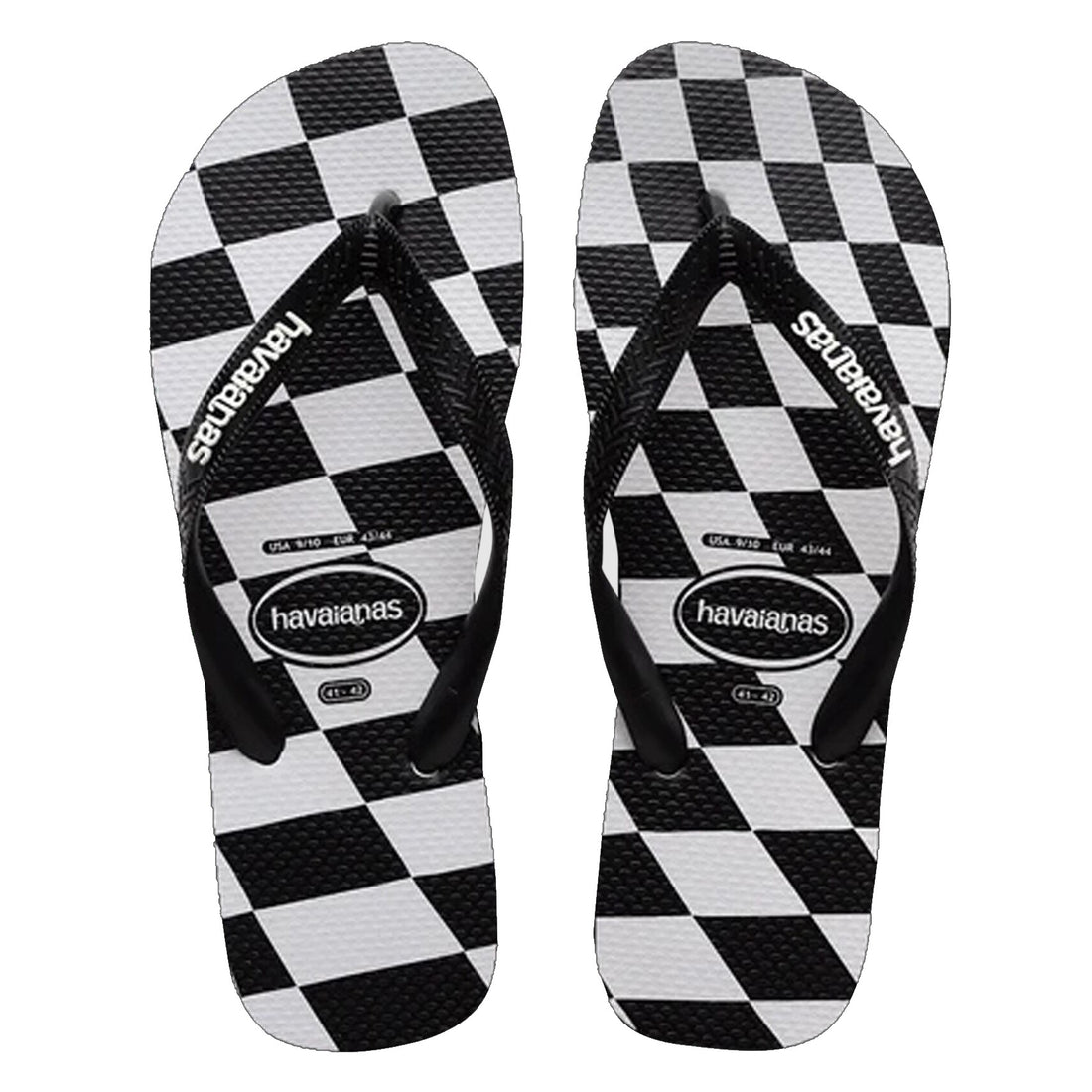 Havaianas Kids Top Distorted Check Black Jandals — black checkerboard Brazilian kids’ sandals with cushioned sole, available at Freeride Surf & Skate NZ.
