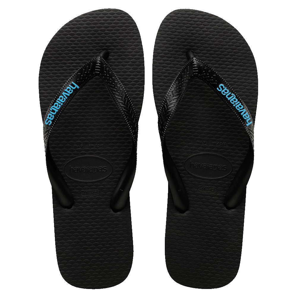 Havaianas Logo Filete Black Light Blue Jandals — black Brazilian sandals with light blue logo and sole trim, available at Freeride Surf & Skate NZ.