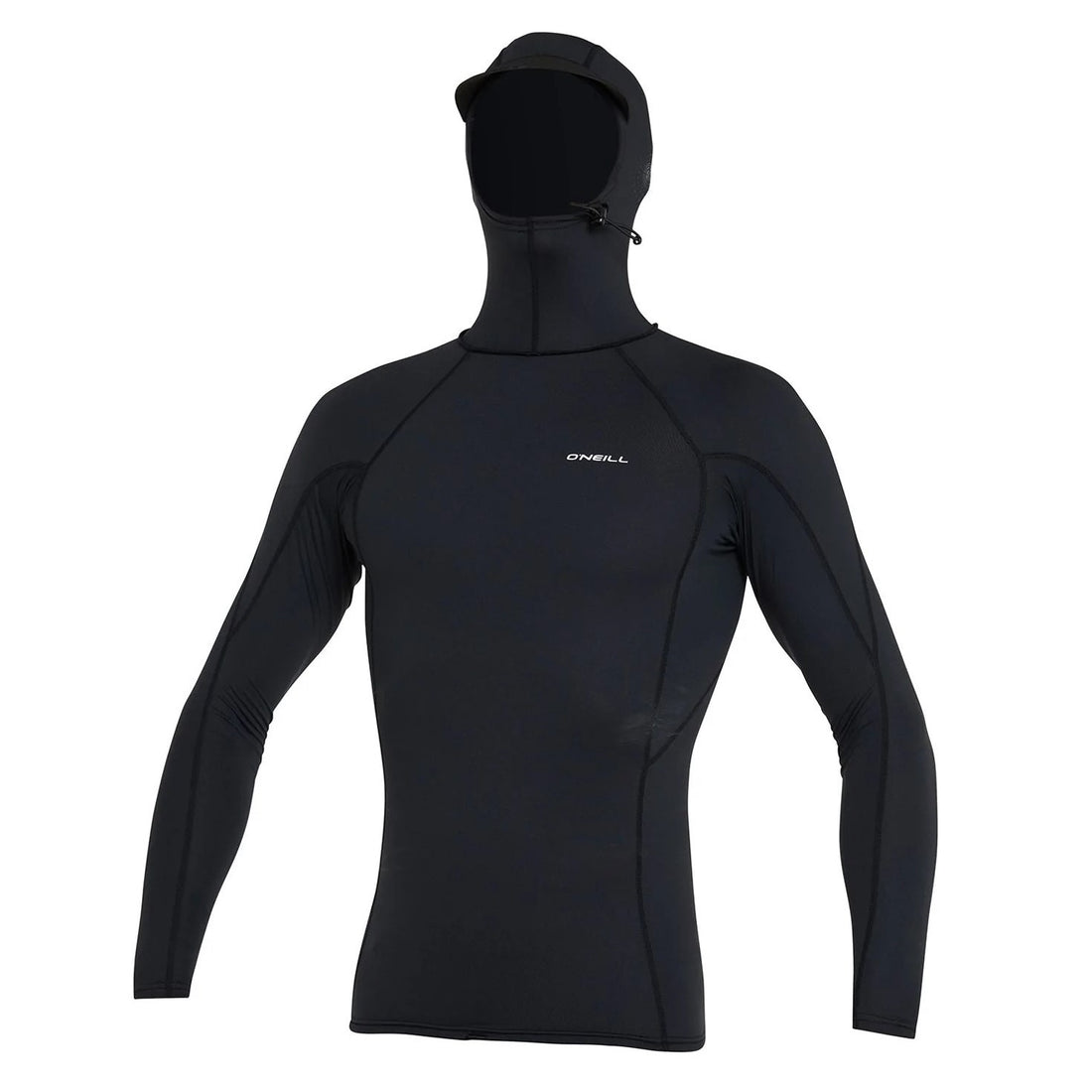 O'Neill Psycho Hooded UV Long Sleeve Crew in Black with integrated hood and UPF 50+ sun protection, available at Freeride Surf & Skate NZ.
