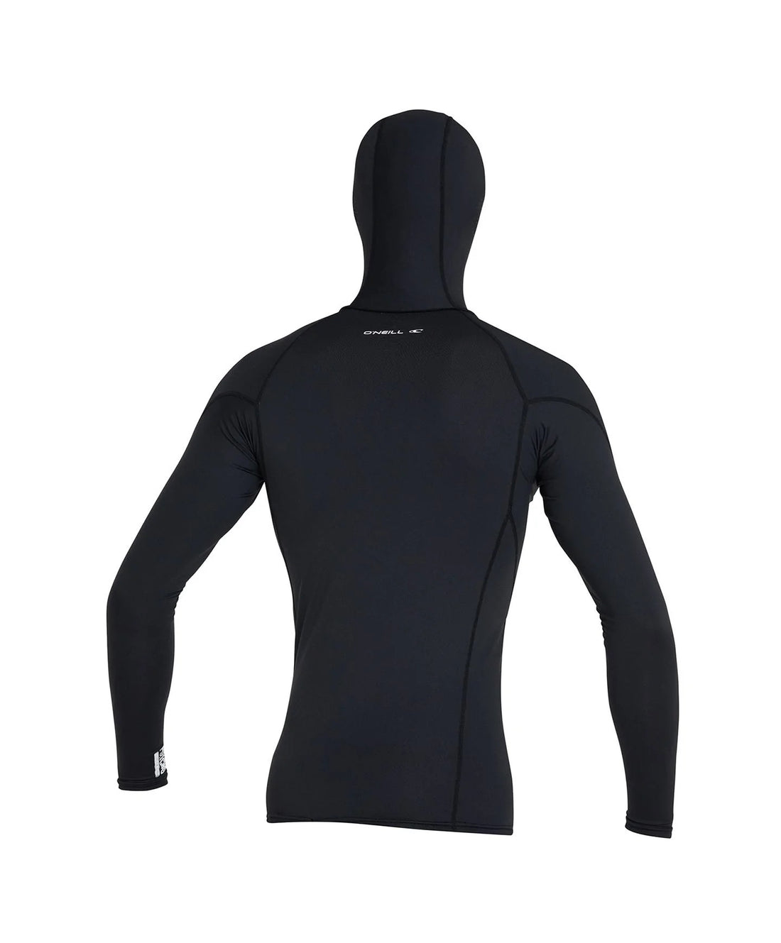 O'Neill Psycho Hooded UV Long Sleeve Crew in Black with integrated hood and UPF 50+ sun protection, available at Freeride Surf & Skate NZ.