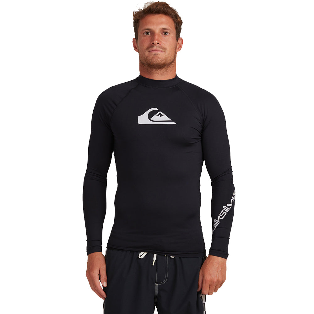 Quiksilver Men's All Time Long Sleeve Rash Top with SWR-Shield recycled fabric and UPF 50+ sun protection, available at Freeride Surf & Skate NZ.