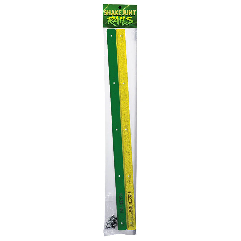 Shake Junt green yellow skateboard deck rails with mounting screws available at Freeride Surf & Skate NZ.