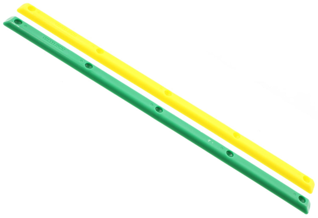 Shake Junt green yellow skateboard deck rails with mounting screws available at Freeride Surf & Skate NZ.