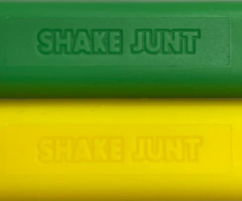 Shake Junt green yellow skateboard deck rails with mounting screws available at Freeride Surf & Skate NZ.