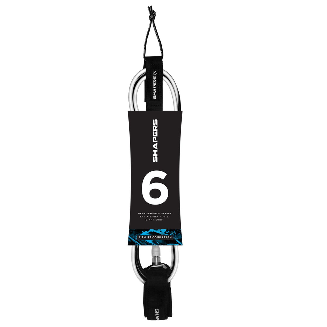 Shapers 6ft Airlite Comp surf leash in black and white with slim 5.5mm cord, available at Freeride Surf & Skate NZ.