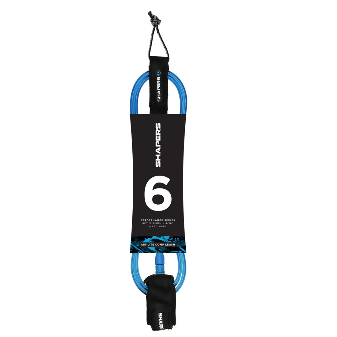 Shapers 6ft Airlite Comp surf leash in blue with slim 5.5mm cord, available at Freeride Surf & Skate NZ.