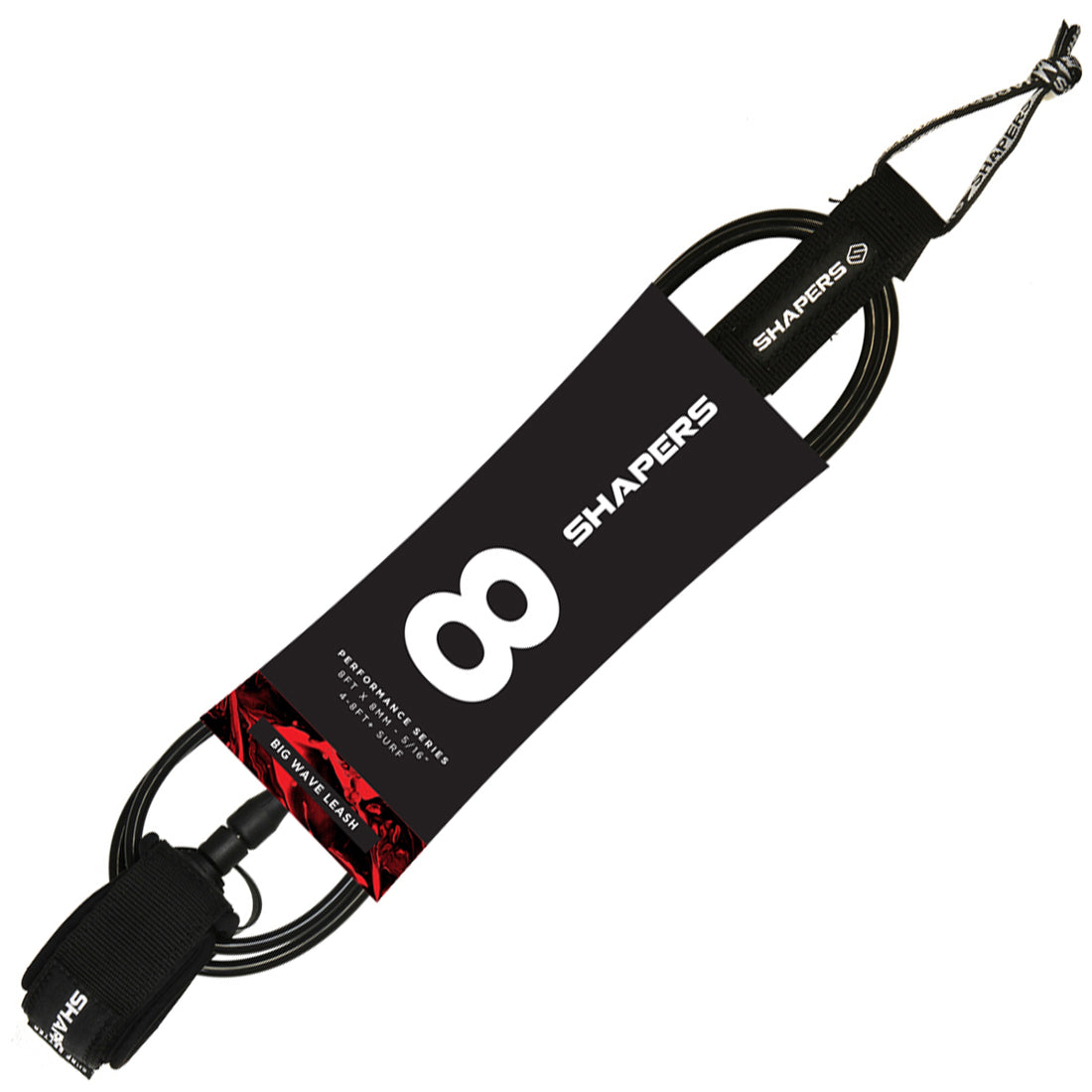 Shapers 8ft big wave surf leash in black and white with 8mm cord, available at Freeride Surf & Skate NZ.