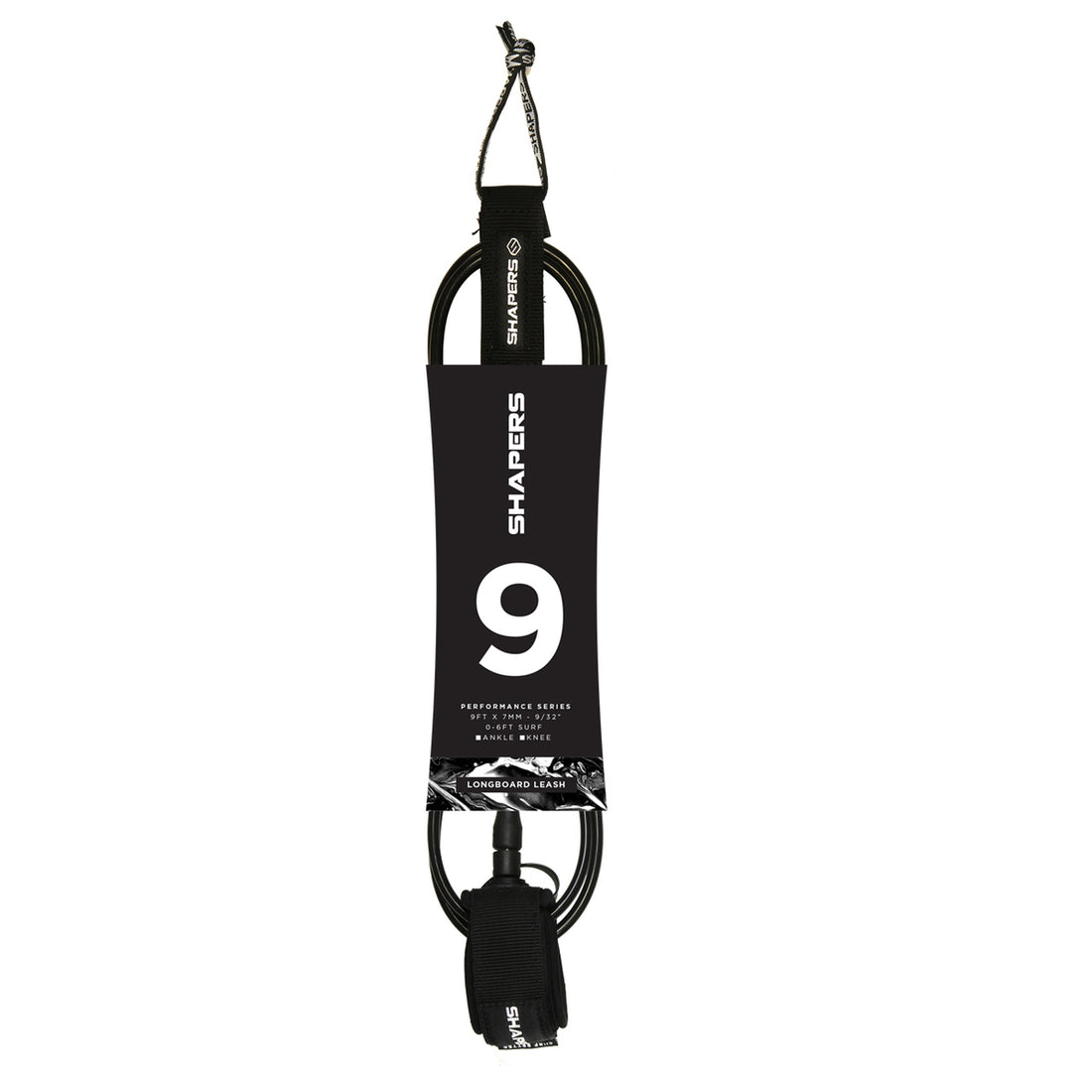 Shapers 9ft knee surf leash in black with 7mm cord and deluxe knee cuff, available at Freeride Surf & Skate NZ.