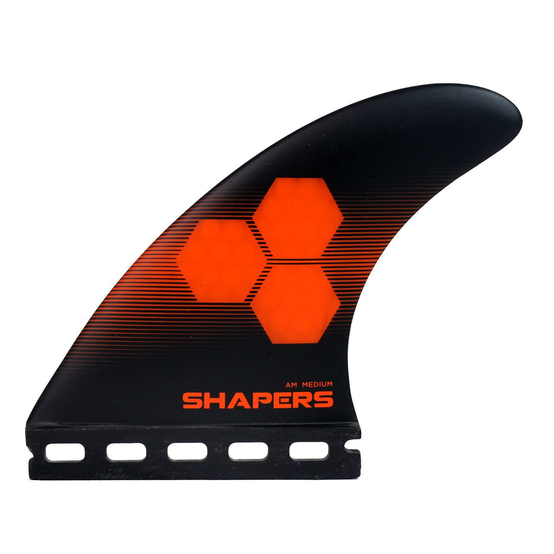 Shapers AM1 Corelite Medium thruster fin set Black Orange for Futures system at surf shop Auckland NZ