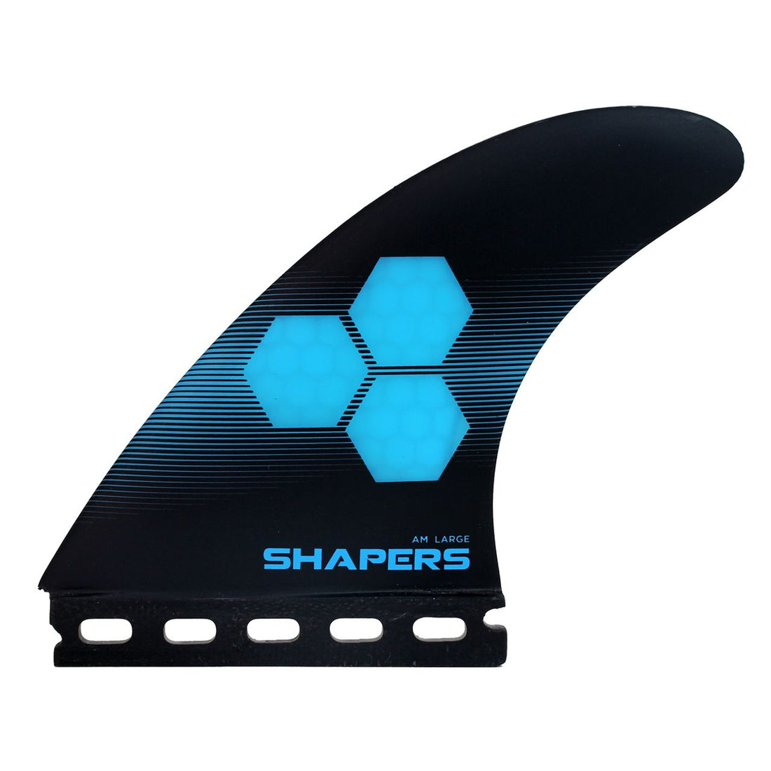 Shapers AM2 Large Corelite Blue Black thruster fin set for Futures system at surf shop Auckland NZ