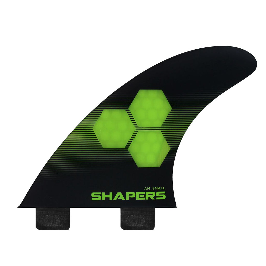 Shapers AM3 Small Corelite Green Black thruster fin set for FCS II fin systems at Freeride Surf & Skate Auckland NZ