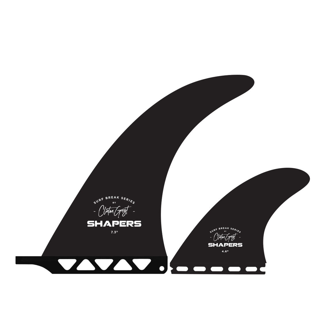 Shapers Clinton Guest 7.3" longboard fin 2+1 set black centre fin and single tab side fins for longboard fin box surf shop Auckland NZ