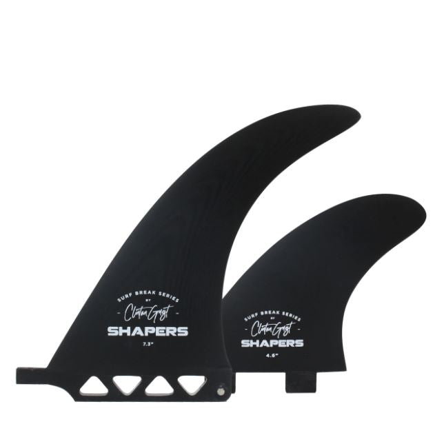 Shapers Clinton Guest 7.3" longboard fin 2+1 set black centre fin and Shapers 2 tab side fins for longboard fin box surf shop Auckland NZ