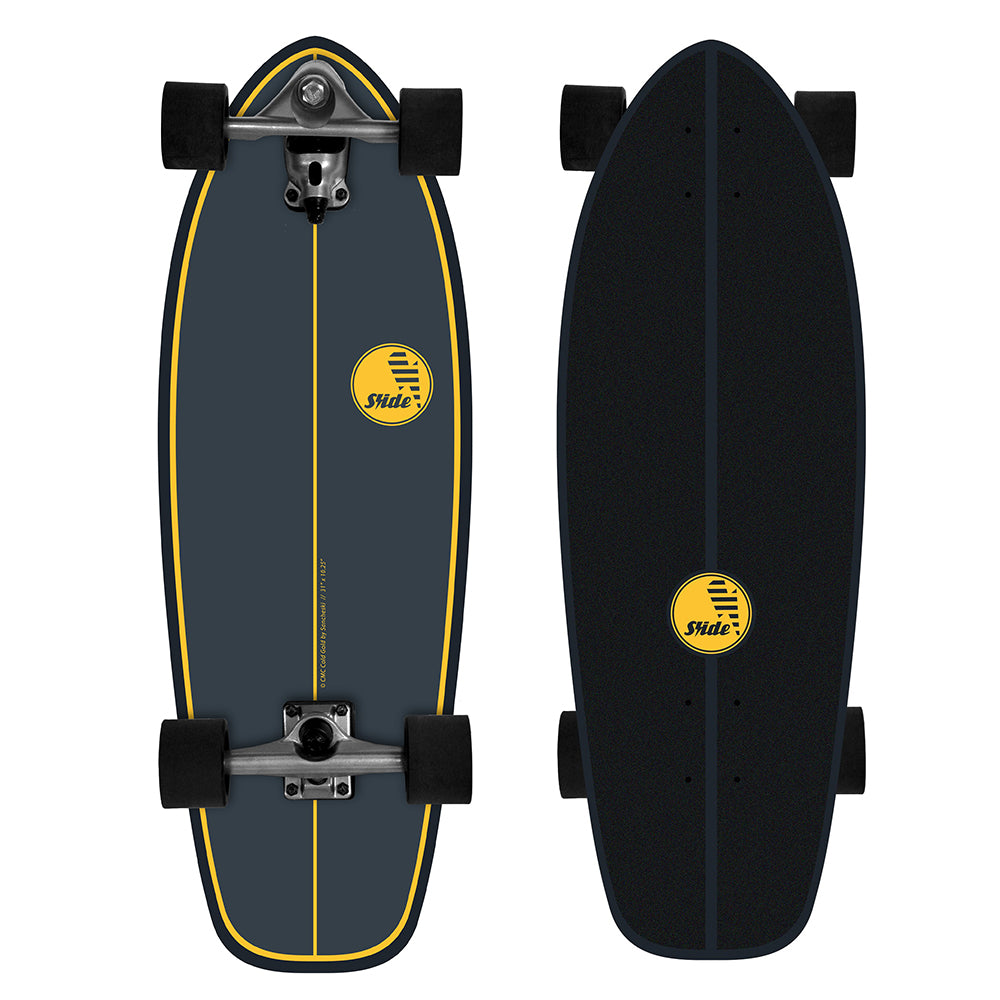 Slide CMC Performance 31-inch surf skate in Gold with 70mm Arctic Blue wheels, available at Freeride Surf & Skate NZ.