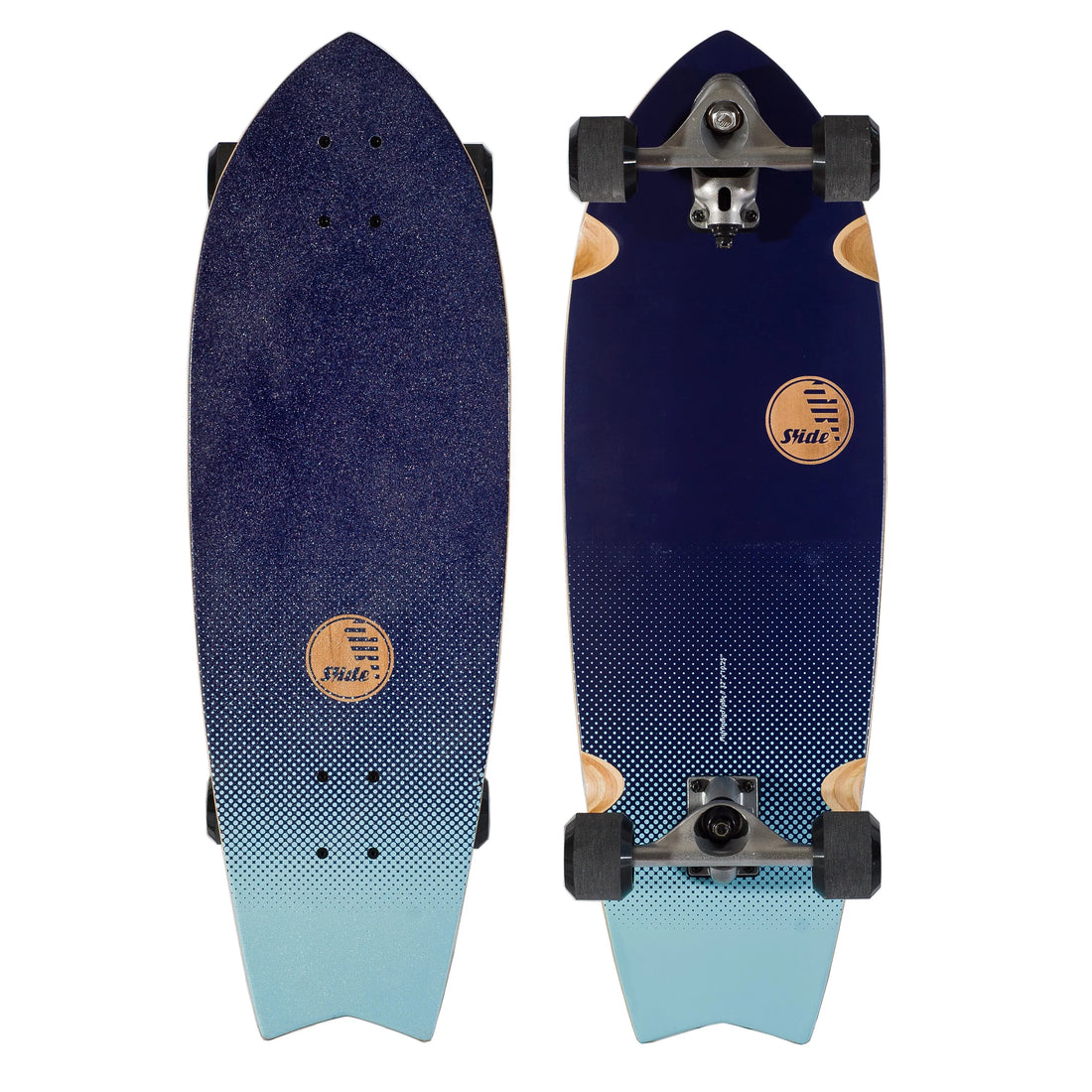 Slide Fish Indigo Fade 32-inch Surfskate with surf-style front truck and maple deck, available at Freeride Surf & Skate NZ.
