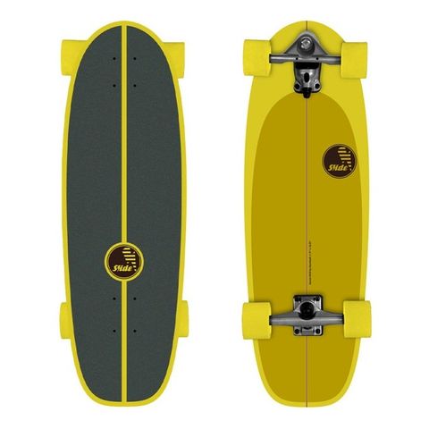 Slide Gussie Spoon 31-inch surf skate with lime 70mm wheels and 7-ply maple deck, available at Freeride Surf & Skate NZ.