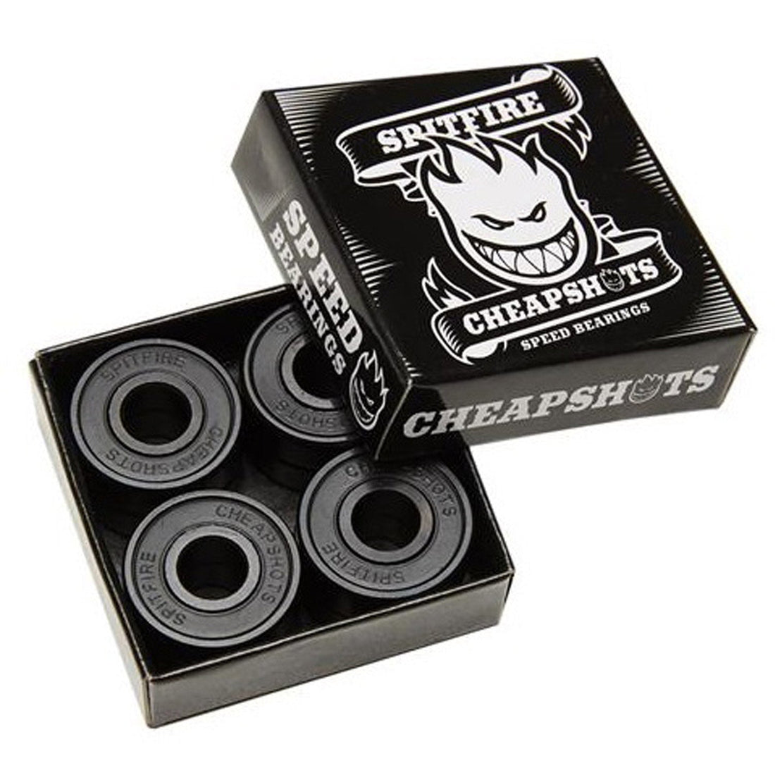 Spitfire Cheapshot skateboard bearings set of 8 with removable black shields and ABEC 3 rating, available at Freeride Surf & Skate NZ.