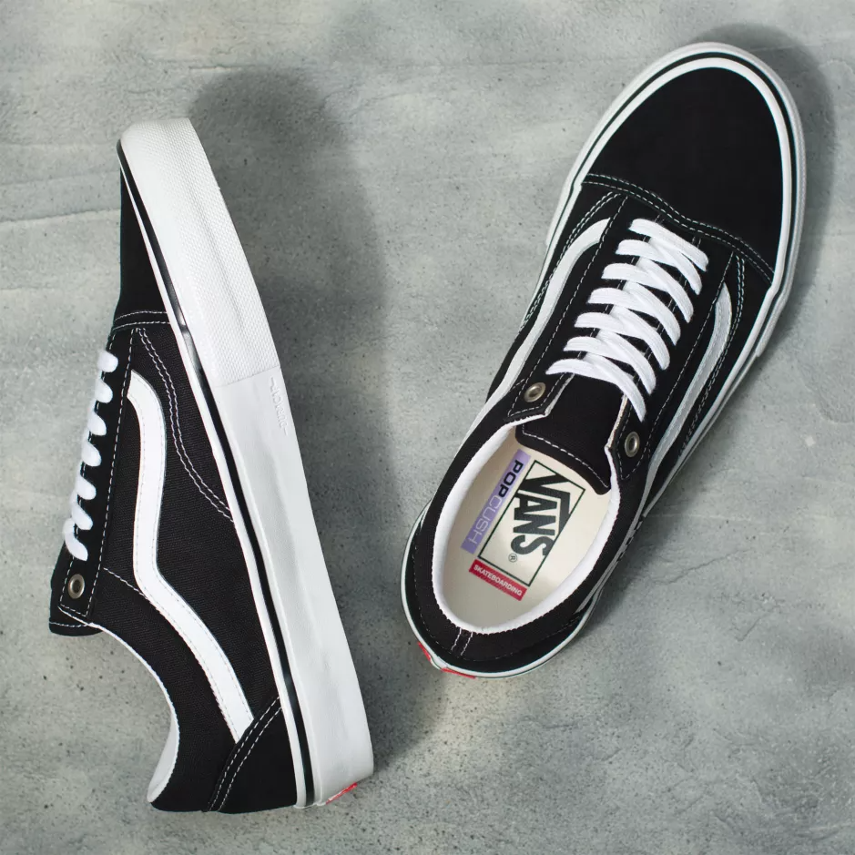 Vans Skate Pro Old Skool shoes in Black White with suede and canvas upper, white side stripe and gum rubber outsole.