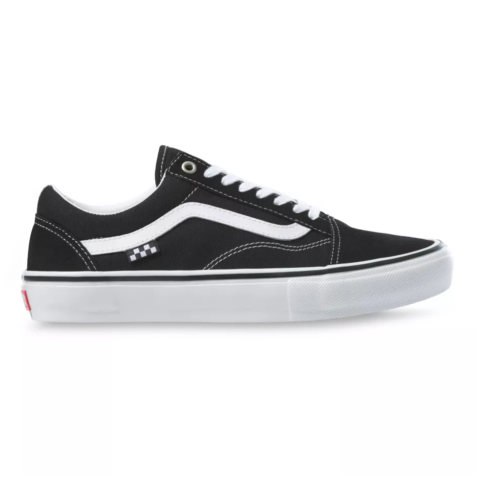Vans Skate Pro Old Skool shoes in Black White with suede and canvas upper, white side stripe and gum rubber outsole.
