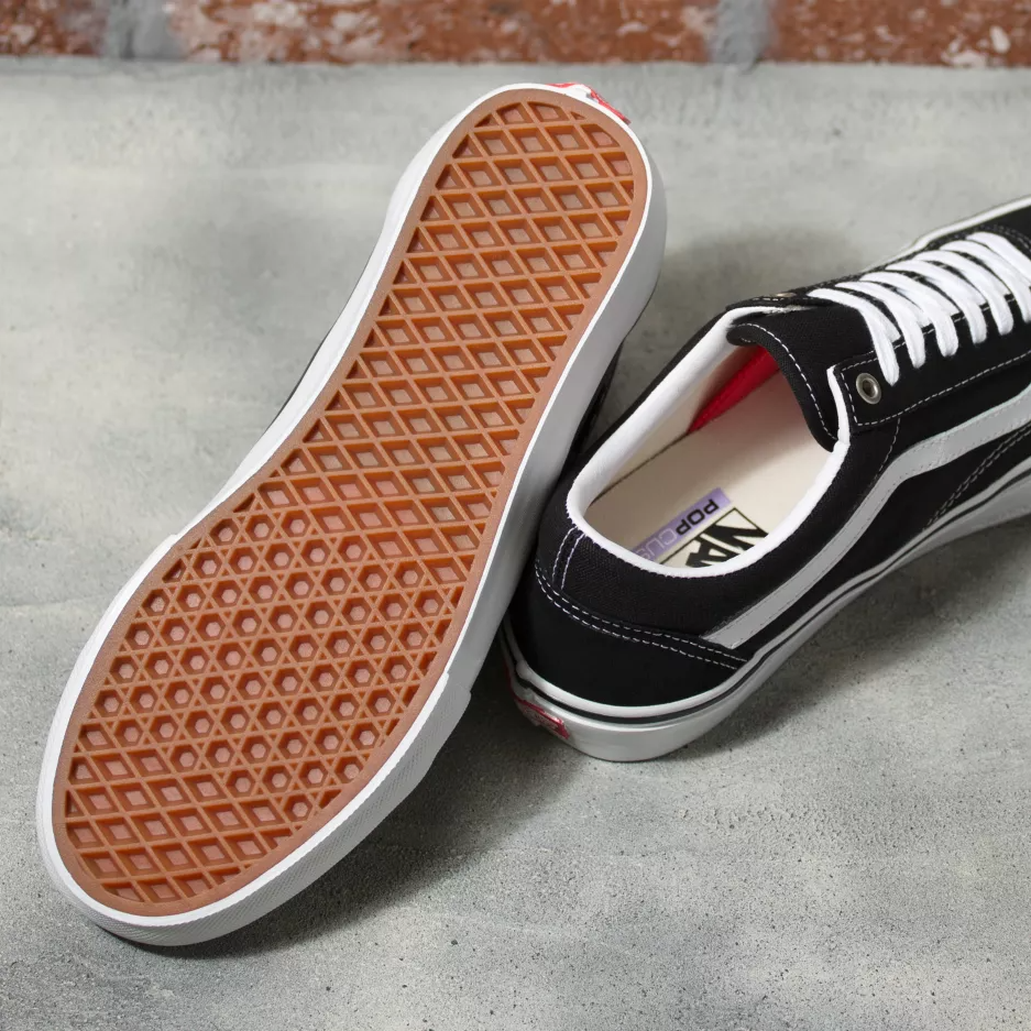 Vans Skate Pro Old Skool shoes in Black White with suede and canvas upper, white side stripe and gum rubber outsole.