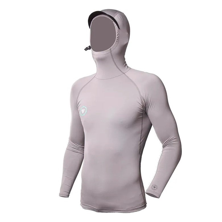 Vissla Warm Seas Eco Hooded Lycra Shirt with three-panel hood, recycled stretch fabric and UPF 50+ protection, available at Freeride Surf & Skate NZ.