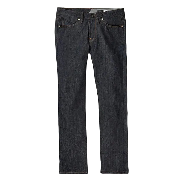 Volcom Vorta Denim Jeans in Rinse Blue Wash featuring a slim straight-leg fit, 15-inch leg opening, indigo rinse wash and subtle thigh fading, available at Freeride Surf & Skate NZ.